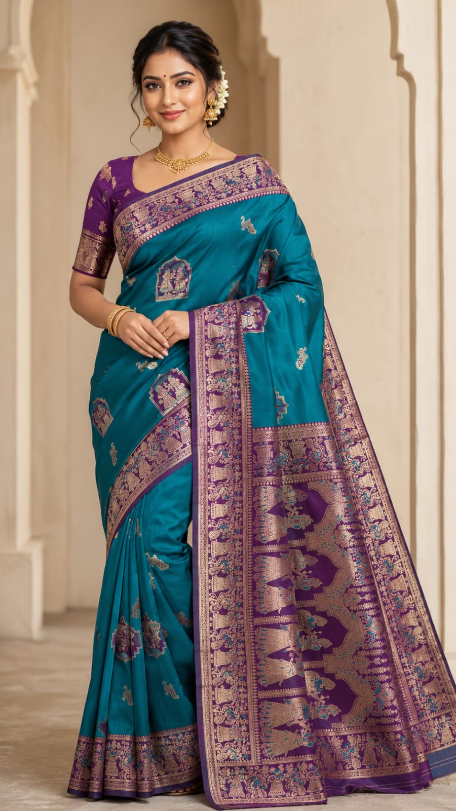 Premium Teal Blue & Purple Art Silk | Swarnachari Saree | Peacock Zari Work Rich Pallu