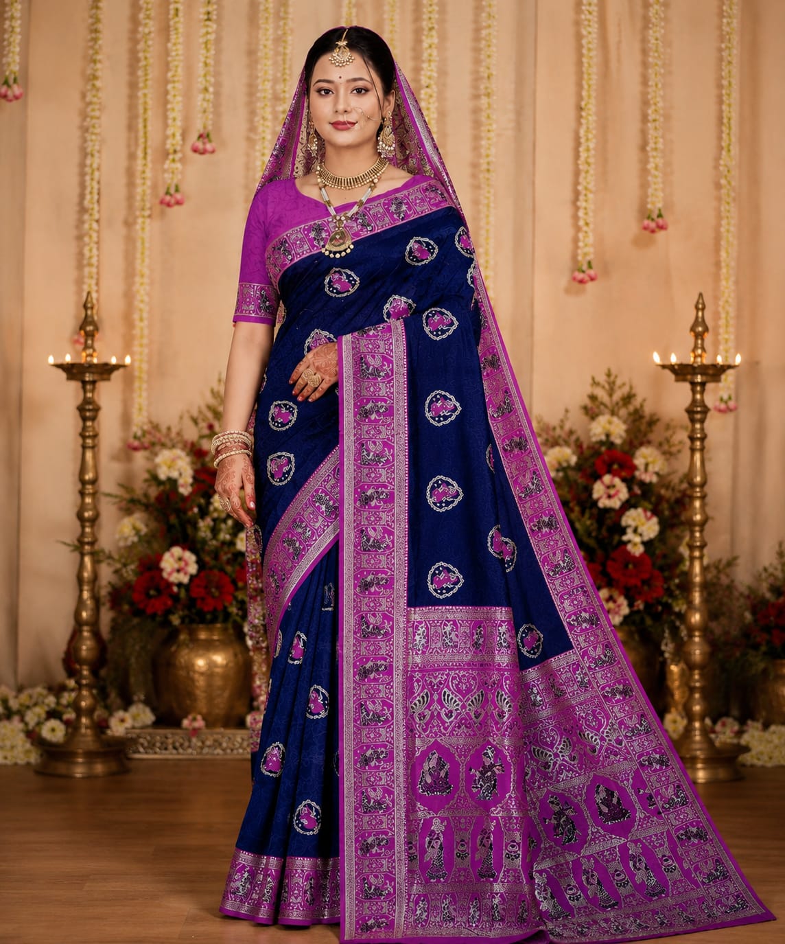 IDENTIQA Premium Krishma Leela Navy ablue Bishnupuri Silk Saree